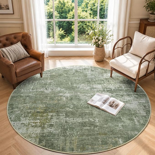 4Ft Round Area Rugs for Living Room, Soft Non-Slip Washable Rugs Modern Abstract Pattern Carpet for Bedroom Indoor Floor Nursery Home Decor (Green)