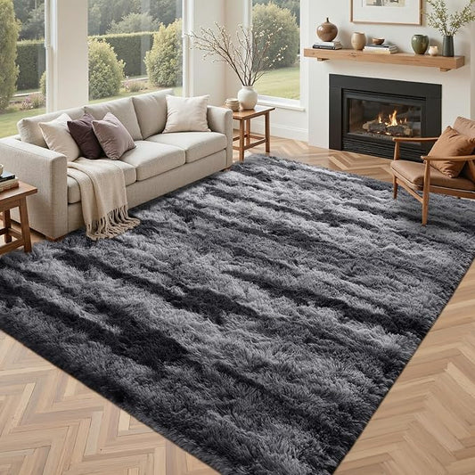 4x6 Feet Area Rugs for Bedroom, Black and Silver Plush Fluffy Shaggy Living Room Rugs Non-Slip, Ultra Soft Carpet for Nursery Kids PlayRoom Dorm Office Indoor