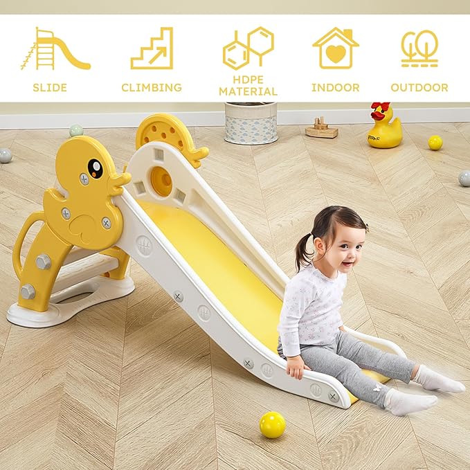 Toddler Slide, Creative Cartoon Yellow Duck Indoor Slide, Foldable Slide Climber Playset Indoor Outdoor Playground Toddler Slide Outdoor Toys Freestanding Kids Slide for Toddlers Aged 1-3