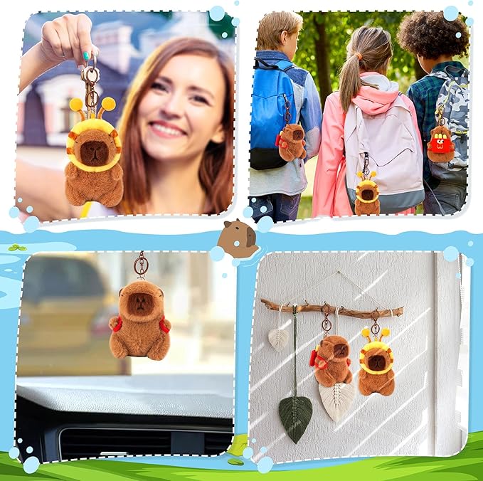 Achwishap 2PCS Capybara Plush Keychain,Cute Keychain Capybara Stuffed Animal,Soft Capybara Plush Toys Key Chain,Kawaii Plushie Stuffed Toys for Kids Adults(French Fries Backpack,Bee Hat)