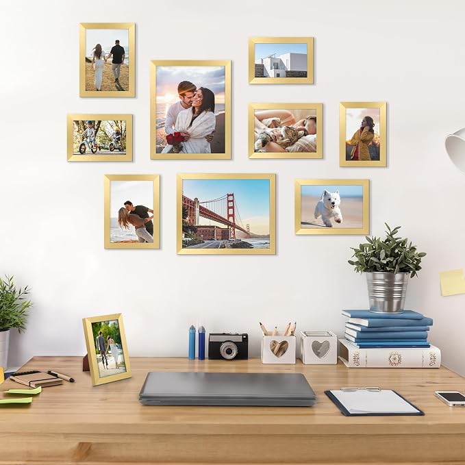 upsimples 10 Pack Picture Frames Collage Wall Decor for Mounting or Tabletop Display, Photo Gallery Frame Set for Family, Multi Sizes Including 8x10, 5x7, 4x6, Gold | Multi Picture Frames Collage Wall Decor, Gallery Wall Frame Set, Gift For Christmas, ...