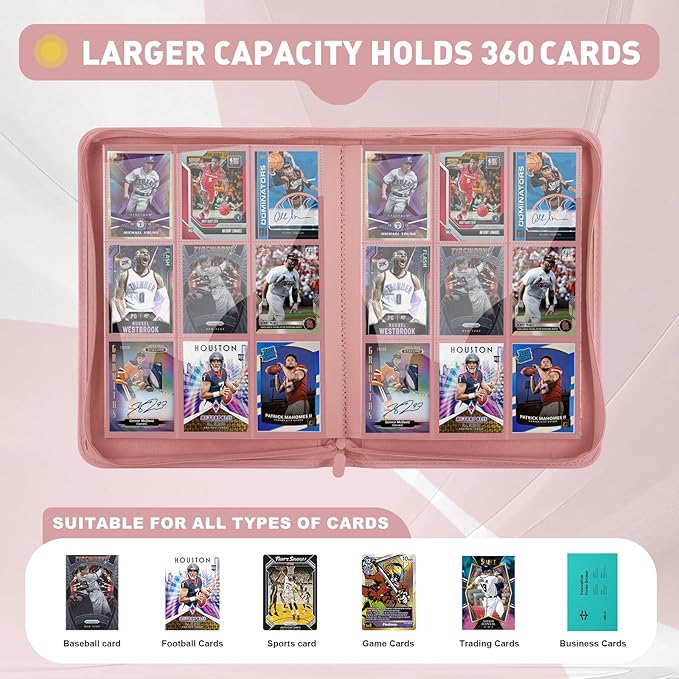 Trading Card Binder 9 Pocket, 360 Pockets Double-Sided Card Album, Premium PU Leather Zipper Card Holder for MTG, TCG, Sports & Game Cards, Must-Have for Collectors（Pink）