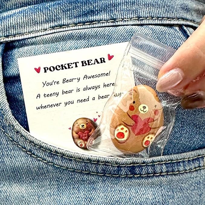 Handmade Pocket Bear Pebble – Cute Hand-Painted Affirmation Token with Card – Long Distance Hug, Encouragement Token for Friends, Kids, Loved Ones, or Anxiety Relief Gifts for Boyfriend, Girlfriend