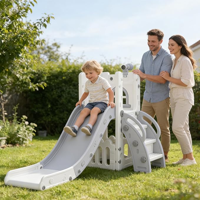 6 in 1 Toddler Slide Playset, Kids Indoor Outdoor Playground with Basketball Hoop,Storage and Telescope,Toddler Climber Slide Activity Center