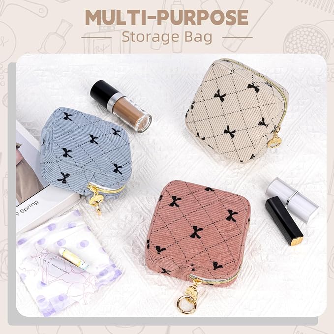 Period Bag for Teen Girls, Corduroy Cute Sanitary Napkin Storage Bag, Menstrual Pad Pouches Tampon Holder for Purse (Black-Purple Bow)