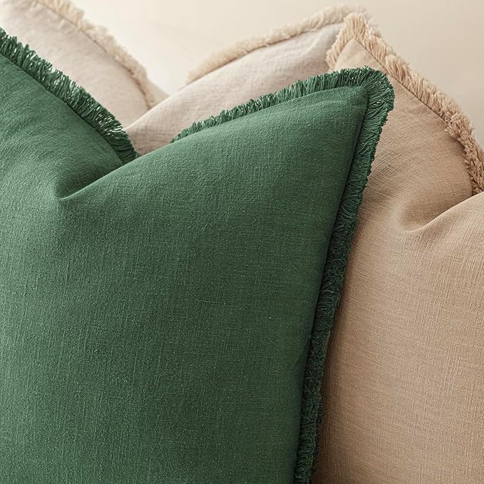 Foindtower Set of 2 Decorative Linen Fringe Throw Pillow Covers Cozy Boho Farmhouse Cushion Cover with Tassels Soft Accent Pillowcase for Couch Sofa Bed Living Room Home Decor, 16×16 Inch, Pine Green