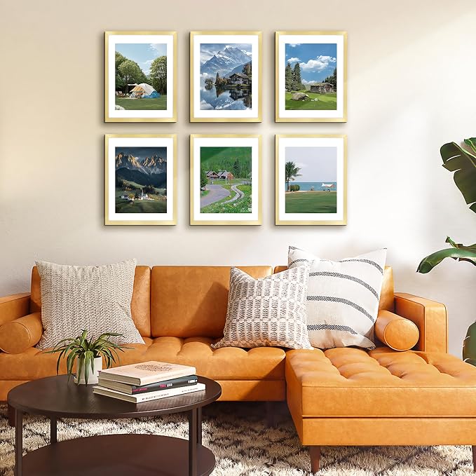 11x14 Picture Frame Bulk-6 Pack, Photo Frame with HD Plexiglass, Display Pictures 8x10 with Mat or 11x14 Without Mat, Gold Picture Frames Collage Wall Decor