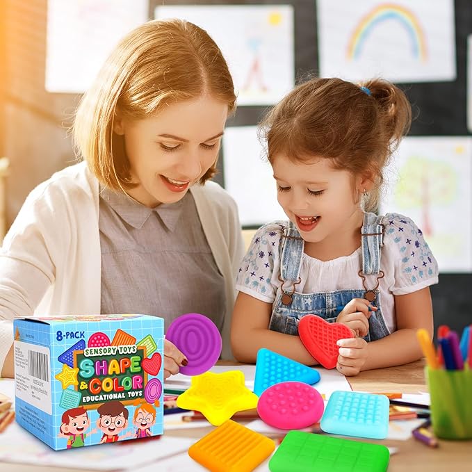 Shape Learning Sensory Toys for Toddlers - Textured Sensory Toys for Autistic Children, Pull and Stretch Tactile Toy, Calming Autism Toy for Boys and Girls Preschool Kids (8Pack)