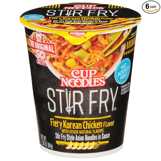 Nissin Cup Noodles Stir Fry Noodles in Sauce, Fiery Chicken, 2.96 Ounce (Pack of 6)