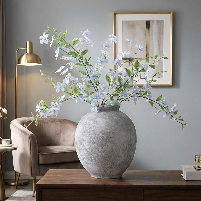 Starttag Large Ceramic Vase, 9.8 inch Rustic Farmhouse Flowers Vase for Home Decor, Sandstone Texture Round Pottery Tall Vase Indoor for Table Living Room Decor, Grey