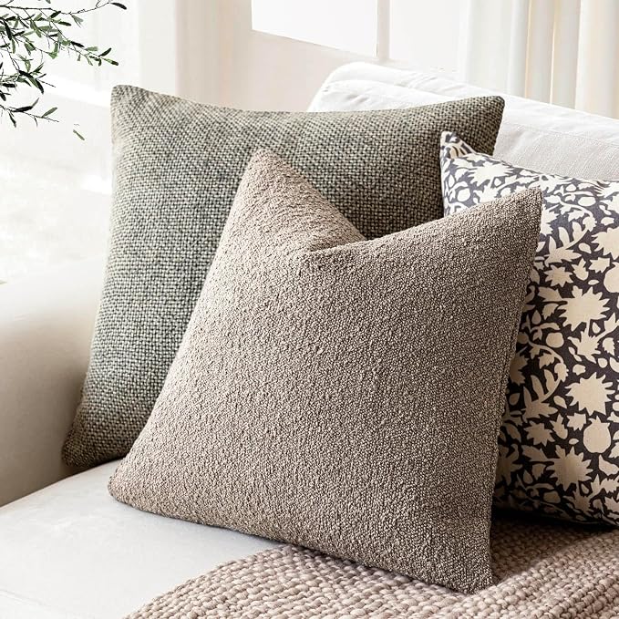 Foindtower Set of 2, Decorative Textured Boucle Throw Pillow Covers Accent Solid Pillow Cases Neutral Soft Cozy Couch Cushion Case for Chair Sofa Bedroom Living Room Home Decor 24x24 Inch Light Taupe