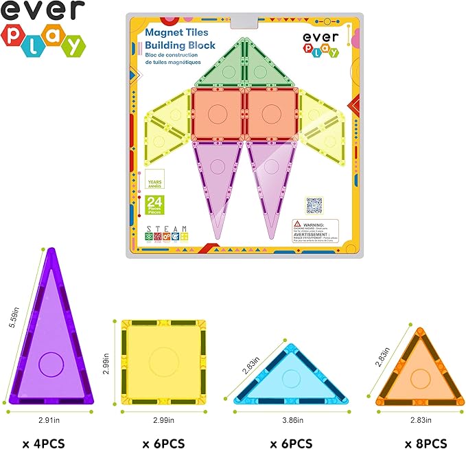 24 Piece Magnetic Tile Building Blocks for Kids Pretend Play STEM Educational Learning Preschool Toys Magnet Tiles Stacking Block Creative Playset for Toddlers Boys Girls Ages 3 and up EB24