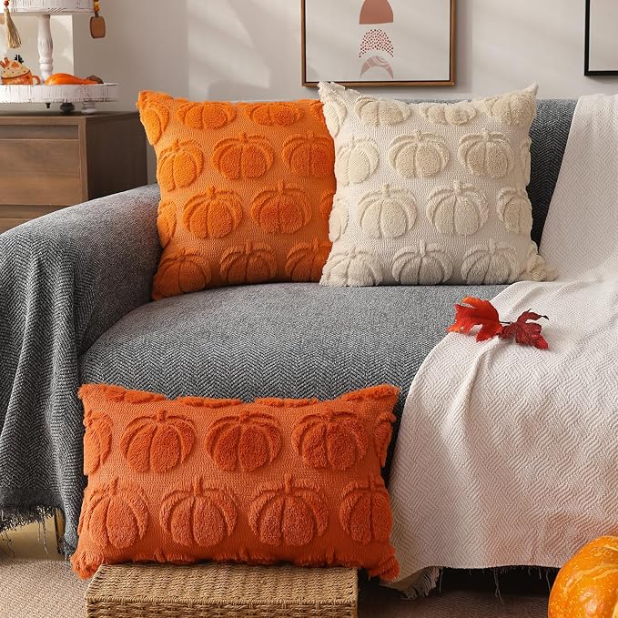 DFXSZ Fall Pillow Covers 12x20 2Pcs Orange Pumpkin Fall Decoration for Home | Fall decor Set of 2 Throw Pillow Cases Soft Plush Faux Fur Wool Couch Cushion for Chair Sofa Bedroom Living Room Home Decor