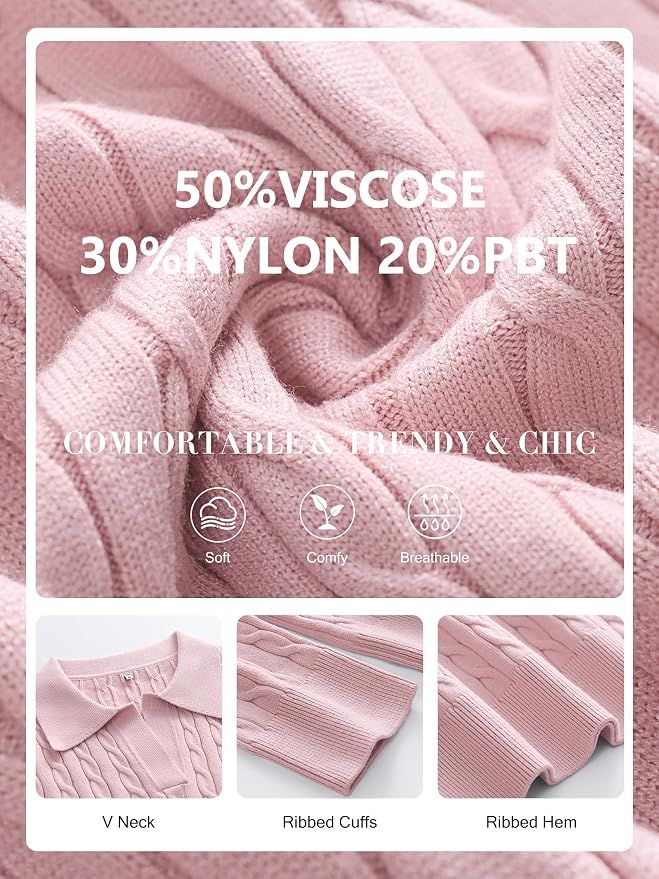 ANRABESS Womens Cable Knit Sweaters Long Sleeve V Neck | Pullover Collared Sweater Tops, Polo Knit Shirts, Business Casual Work, Tennis Golf, Fall Winter Fashion Outfits