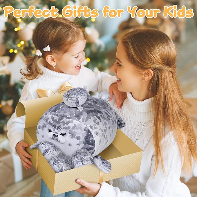 KMUYSL Toys for Ages 3 4 5 6 7 8+ Years - Plush Mommy Stuffed Animal with 4 Babies in Her Tummy, Soft Plush Toys Set, Christmas Birthday Gifts for Girls Boys Baby, Toddler, Kids (Seal Toys)