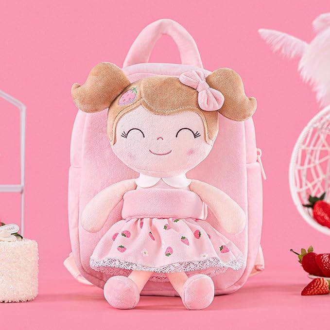 Gloveleya Kids Backpack for Girls backpacks Plush bag with Soft doll for Toddler baby Strawberry 9 Inches