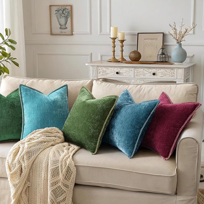 decorUhome Soft Chenille Throw Pillow Covers 20x20 Set of 2 Teal | Fall Textured Decorative Throw Pillow Cases Stitched Edge Modern Farmhouse Luxury Boho Velvet for Couch Sofa Bed Home Decor