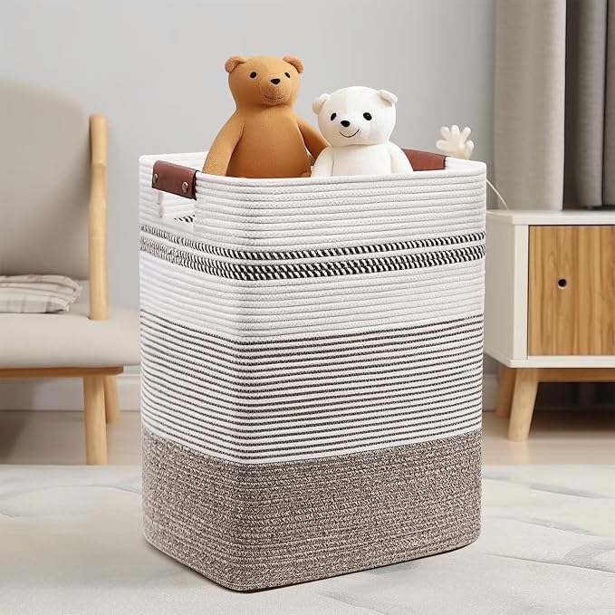 Laundry Hamper, 85L Cotton Rope Laundry Basket, Rice Brown & White | Foldable nursery hamper with leather handles; store blankets, toys, baby clothes and laundry in bedroom or living room