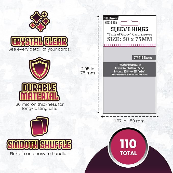 Sleeve Kings Sails of Glory Compatible Card Sleeves – 50x75mm, 110 Pack, 60 Micron Clear Polypropylene, Compatible with Through the Ages: A New Story of Civilization, Parks, Meadow & More – SKS-8804