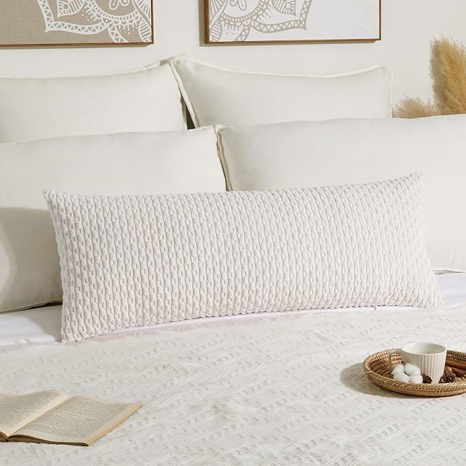 Kevin Textile Soft Corduroy 14"x36" Lumbar Pillow Cover 1 Pack, Pure White | Boho Stripe Plush Corduroy Decorative Oblong Cushion Cover Modern Farmhouse Home Decor for Sofa Couch Bed Chair