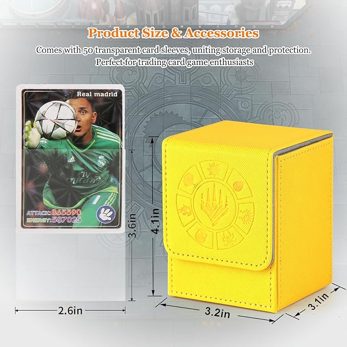 Arkeiliy Card Deck Box, 110+ Storage MTG Deck Box with 50 Pcs Card Sleeve, Collectible Trading Card Cases for Magic Commander and More (Yellow)