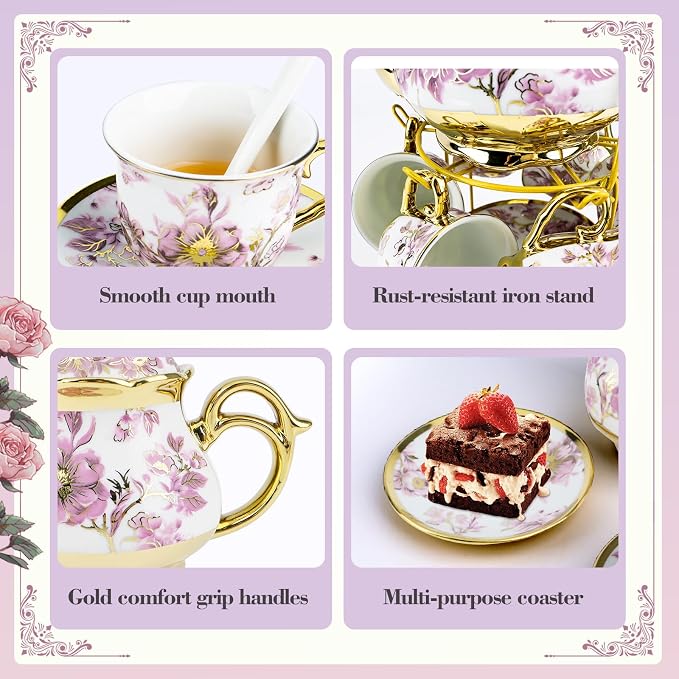 20 Pcs Porcelain Tea Set with Metal Holder, European Ceramic Tea Set for Adults, Adult Tea Set Gift, Flower Tea Cup Saucer Set for Party With Gold Flower Painting (Elegant Purple/500ml)