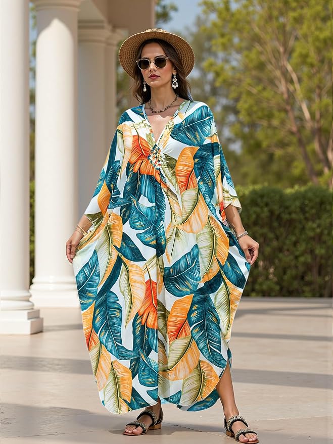 Mumu Dresses for Women Plus Size, Bohemian Kaftan Beach Cover Up Long Maxi Nightgown Soft Loungewear