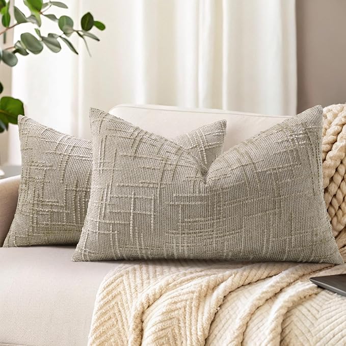 decorUhome Textured Chenille Throw Pillow Covers 12x20 Set of 2 Light Brown | Fall Modern Farmhouse Soft Cozy Slubby Couch Pillow Cases Boho Decorative Pillow Cases for Bed Sofa Living Room Home Decor