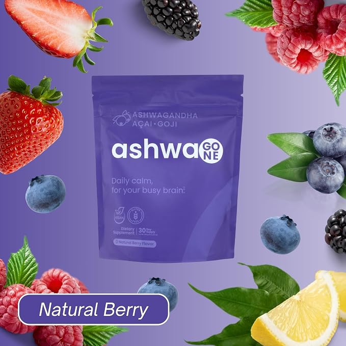 Ashwagone KSM-66 Ashwagandha Powder Drink Mix – Daily Calm & Focus Support – With Magnesium Glycinate, L-Theanine, GABA, Lemon Balm, Acai & Goji Berry – Vegan Supplement – 30 Servings