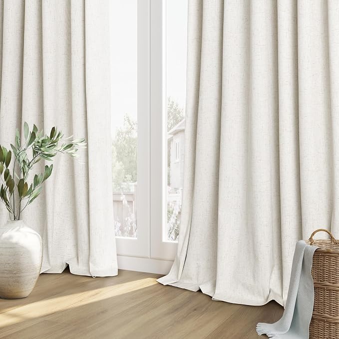 Extra Long 100% Blackout Linen Curtains for Bedroom 102 Inches Long Natural Cream Black Out Curtain Back Tab Thermal Insulated Room Darkening Window Drapes for Living Room 2 Panels Beige Ivory 52x102