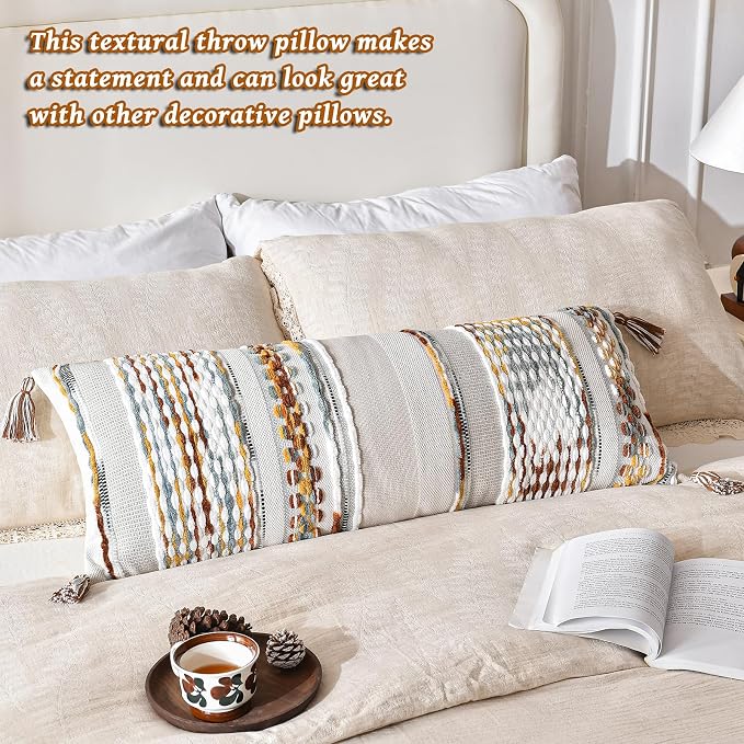Chenille Striped Textured Boho Throw Pillow Covers Aesthetic with Tassels Woven Decorative Pillow Case for Couch Bed Sofa Bedroom Modern Funky 14 x 36-Inch Brown