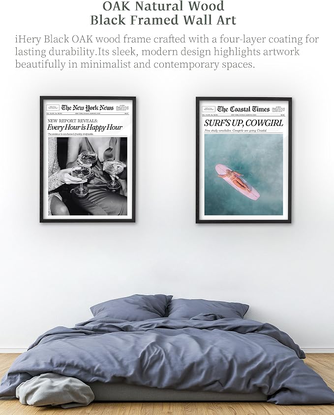 iHery 18x24in Every Hour Is Happy Hour Black Framed Newspaper Wall Art | Premium Black Natural OAK Wood Frame with Canvas Print, Retro Editorial Decor for Bedroom, Girl Dorm, Living Room 1Pack