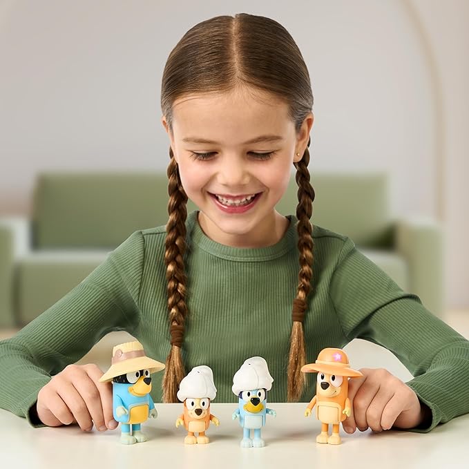 Bluey Figure 4-Packs, Family Trip, 2.5 Inch Poseable, Bingo, Bandit and Chilli, with Accessories, Kids Can Recreate Their Favorite Moments