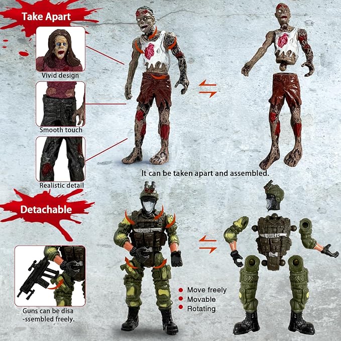 Army Men VS Zombie Action Figures, Realistic 6 Zombie Toys Playset 6 Army Toy Set with Weapons 2 Dog Figures, Halloween Decor Birthday Gift for Boys 3+ (14PCS)