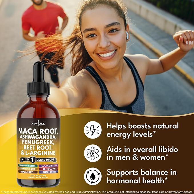 Organic Maca Root Liquid Drops with Ashwagandha, Nettle, Fenugreek, Beet Root and L-Arginine Liquid Multivitamin for Women and Men