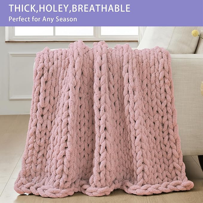 Bigacogo Chunky Knit Throw Blanket for Couch, 40x40 inches, Dusty Pink | Hand Knit with Jumbo Chenille, Soft Breathable Cable Knit for Sofa Bed Living Room, Machine Washable, Gift for Mom Friend