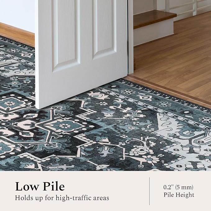 Rugflix 3x5 Entrance Rugs, Washable Dark Navy Blue Entry Small Rug | Machine Washable; Stain-Resistant; Low Pile; Non-Slip; Vintage Farmhouse; Carpet for Entryway Kitchen Hallway Home