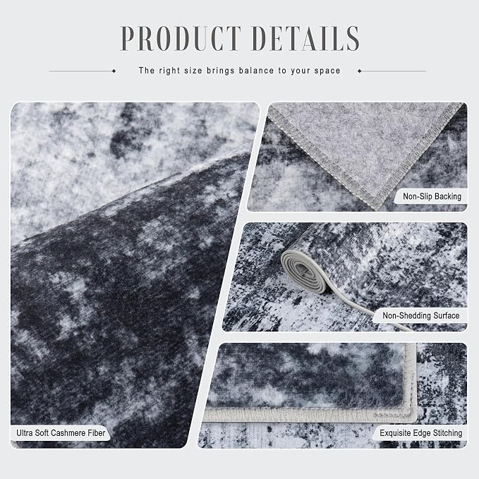 10x14 Area Rug Living Room Rug: Washable Modern Abstract Soft Thin Rug Indoor Floor No Slip Stain Resistant Carpet for Bedroom Dining Room Farmhouse Nursery Home Office - Black
