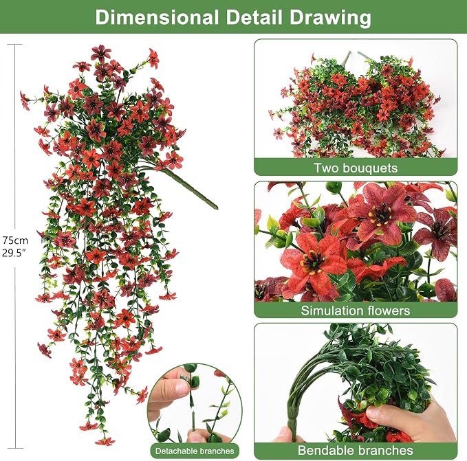 INQCMY Artificial Fake Hanging Flowers Plants for Outdoor Fall Decoration | 2 PCS Faux Silk Daisy with Eucalyptus Leaves,UV Resistant Look Real for Outside Home Planter Porch Patio Balcony Yard Decor