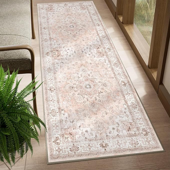 CAPALOCA Runner 2x10 Washable Nursery Girls Low Pile Area Rug Pink | Non-Slip Soft Rugs for Bedroom Kids Playroom Living Room, Print Pattern Water Repellent Carpet Indoor Decor