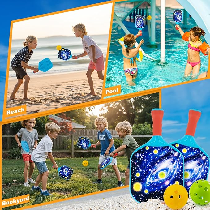 Kids Pickleball Paddles Outdoor Toys for Kid Ages 4 5 6 7 8 Year Old Boy Girl Stocking Stuffers, Beginner Easy to Use Yard Ball Games Set of 2, Lightweight Grip for Small Hands