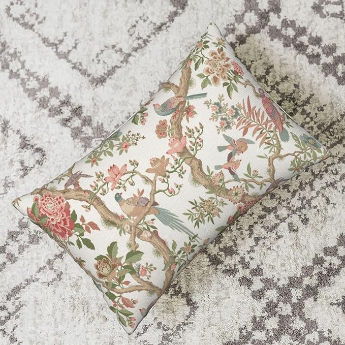Chinoiserie Pillow Covers 12x20 Set of 2 Pink Green Bird Floral Throw Pillows Vintage Pink Flower Bird Decorative Pillow Cases Outdoor Chinoiserie Decor Farmhouse Cushion Case for Couch Sofa