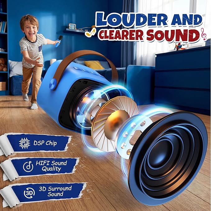 Mini Karaoke Machine for Kids Adults, Portable Bluetooth Speaker with 2 Wireless Microphones, Birthday Gifts Toys for Girls Boys Ages 3, 4, 5, 6, 7, 8, 9,10,11,12+ Years Old Toddler (Royal-Blue)