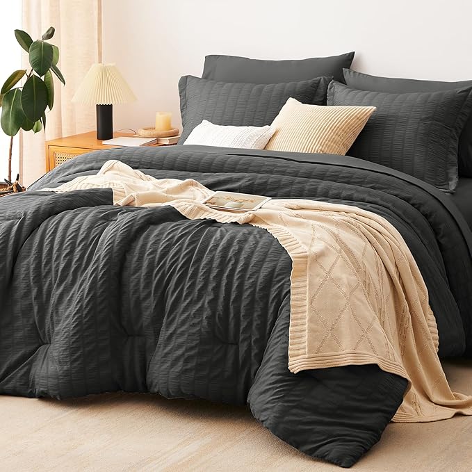 CozyLux California King Comforter Set with Sheets 7 Pieces, Dark Grey Seersucker Bed in a Bag Cal King Luxury Soft Bedding Sets with Down Alternative Comforter, Sheets, Pillowcases & Shams, Dark Gray