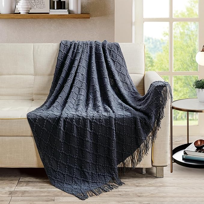 BOURINA Navy Throw Blanket 50 x70 Inch Jacquard Throw Knitted Blanket | Jacquard Argyle Throw Textured Solid Soft Throws and Blankets for Sofa or Bed Knitted Decorative Blanket