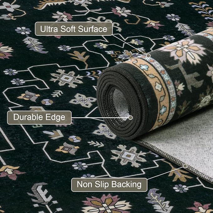 Round Area Rug for Living Room: 4 ft Washable Vintage Boho Soft Thin Circle Rug Indoor Floor No Slip Stain Resistant Carpet for Bedroom Dining Room Farmhouse Nursery Home Office - Black