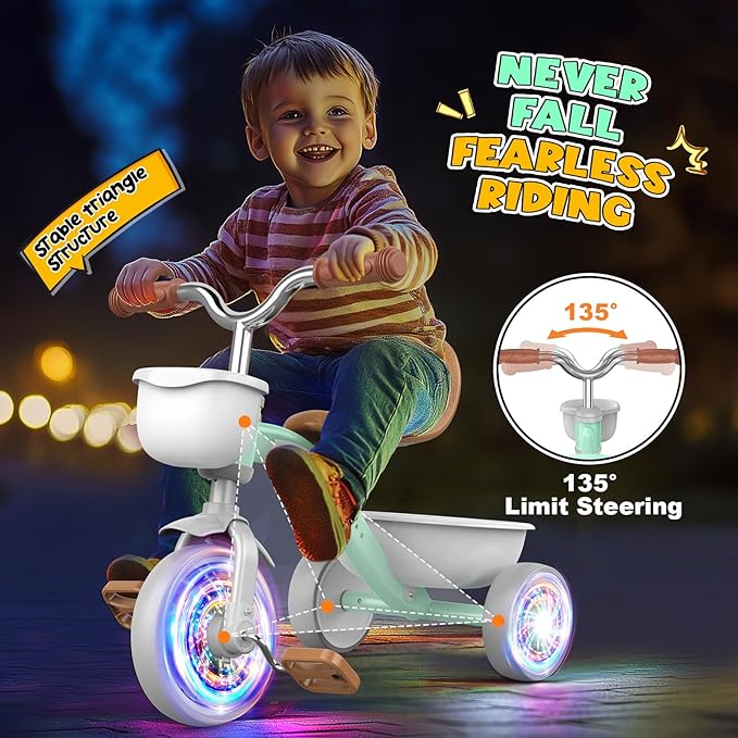 Toddler Tricycle for 1-3 3-5 Year Olds, 2 3 4 5 Year Old Boy Girl Birthday Gifts, Toddler Baby Bike, Outdoor Riding Toy for Ages 2-4, 4-Level Adjustable Seat, 3 Color Light Wheels, 2 Baskets