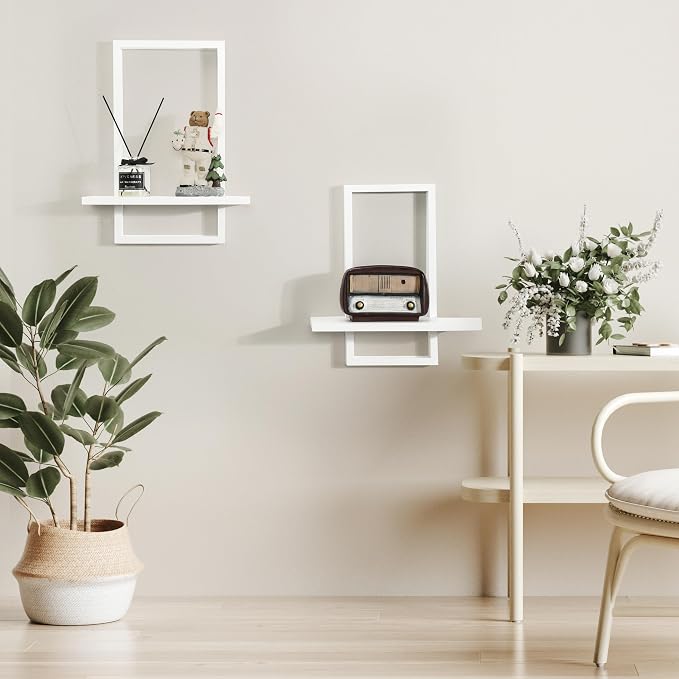 Floating Shelves for Wall,Decorative Wall Shelves,Plants Shelf Framed | Square Wall Decor,Art Sconces Artificial Vases Hanging Storage Shelf for Bathroom Living Room Modern Elegant,Wood,L+S,White