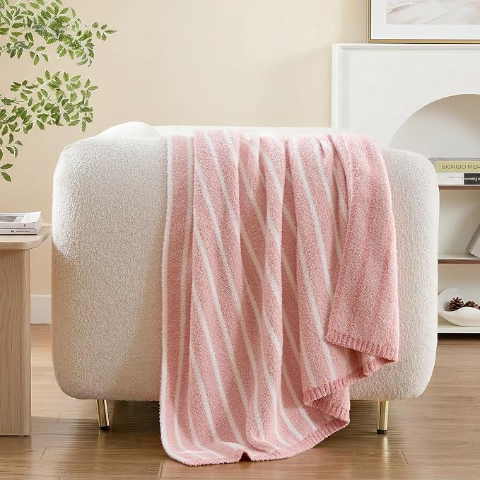 Snuggle Sac Ultra Soft Throw Blanket, Pink, 50"x60" | Reversible, Cozy Knitted Ribbed, Fuzzy Knit Striped, For Couch, Sofa, Bed, Home Decor