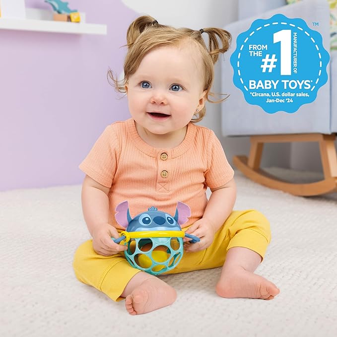 Disney Baby Stitch Oball Rattle by Bright Starts, Easy Grasp Baby Toy with Jingle Ball, Sensory Rattle for Newborn Infant 0-6 Months, Baby Toys 3-6 Months